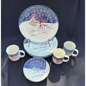 8 Thomson Pottery Christmas Snowman Lot 4 Plates 2 Mugs 1 Bowl Blue Sponge